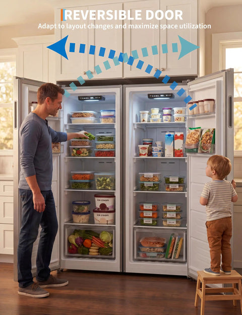 Man and child using Knock Out 11 Cubic Foot Upright Freezer That Flips Into A Fridge with removable trays and reversible door.