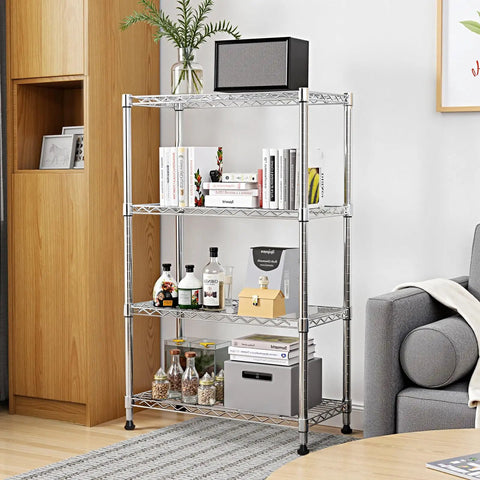 Rock Solid Heavy Duty 4 Tier Steel Wire Storage Rack With Durable Chrome Finish Adjustable Height Shelving Unit For Garage Kitchen Or Office Organization 1000 Lb Capacity with books and decor.