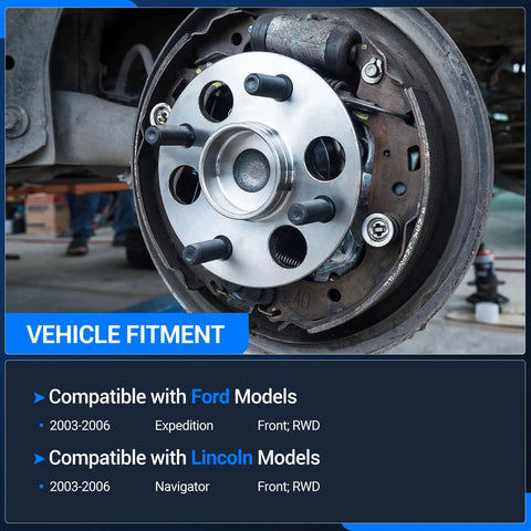 Front Wheel Hub Assembly Direct Fit Upgrade for 2003-2006 Ford Expedition and 2003-2006 Lincoln Navigator 2WD showing vehicle fitment details.
