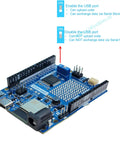 STEM V4 IoT Starter Kit Compatible With Arduino Uno R4 WiFi shown with USB port options for coding and data exchange.