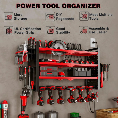 Power Tool Organizer Wall Mount With UL Certified 6 Outlet Charging Station 4 Layer 6 Slot Cordless Drill Holder And Angle Grinder Holder Red Heavy Duty Garage Workshop Storage installed on wall.