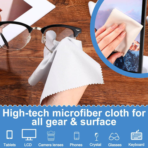 Frienda microfiber cleaning cloth for glasses, light gray, 6x7 inches, used to wipe eyeglasses on a wooden desk.
