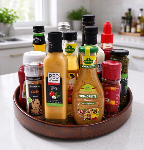 12 Inch Bamboo Lazy Susan Turntable For Kitchen Pantries Delivers Slick 360 Spin To Keep Condiments Grabbed Instantly in a kitchen setting.