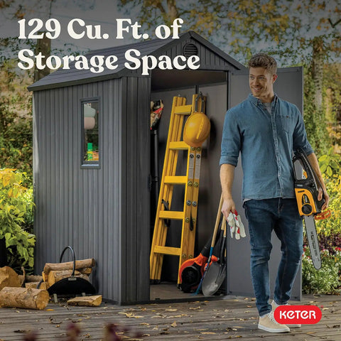 Lockable Resin Outdoor Storage Shed Graphite Gray Four By Six Feet Weather Resistant Patio Garden Tool Organizer with tools and a view of storage space.