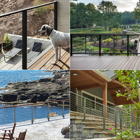 40 Pack 1/8 Inch Invisible Cable Railing Kit Built With Hella Tough T316 Stainless Steel Toggle Anchors Plus Adjustable Fixed End Tensioners For Easy DIY Setup On Metal Wall Corner Posts with dog near railing.