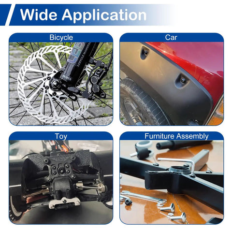 Wide application of Top Shelf M6 Button Head Socket Cap Screws And Hex Nuts With Washers Assortment Kit in bicycle, car, toy, and furniture assembly.