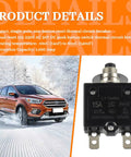 Solid As A Rock Single Pole 15 Amp Push Button Circuit Breaker With No Hassle Reset Thermal Overload Protector For 125V 250V AC And 50V DC Household Commercial Panel Setup, close-up view of breaker with specifications.