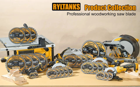 Premium 3 Inch Circular Saw Blades 4 Pack Features 36T And 80T Tungsten Carbide Teeth on a table with various saw blades.
