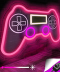 PS Controller Neon Light Sign For Gaming Rooms With Dimmer, LED wall decor glowing in pink on a brick wall, plug-in ready.