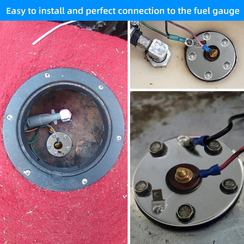 Built Tough Marine Fuel Sending Unit With Flexible Stainless Probe For Boat Gas Tank Sensor shown installed, connecting to a fuel gauge.