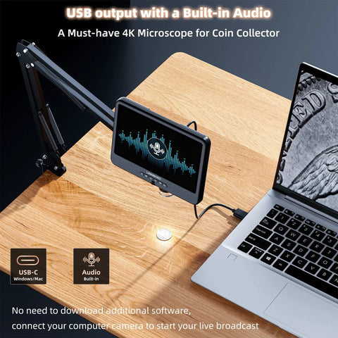 4K 30FPS HDMI Digital Microscope With 10.1 Inch Screen And Flexible Arm Stand for coin inspection with laptop, LM208S-A