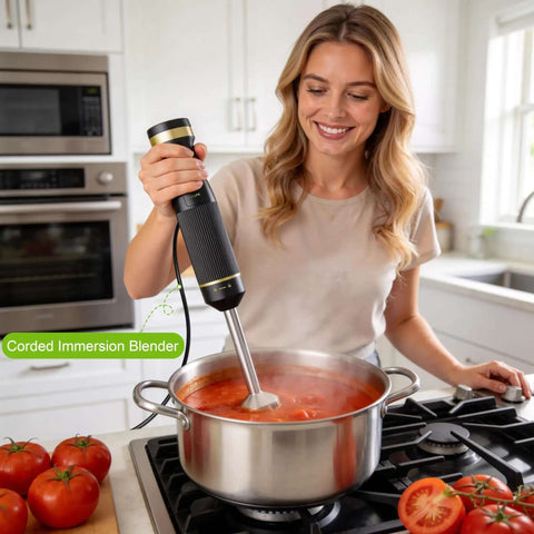 Woman using Kitchen Beast 1200W Handheld Immersion Blender Kit With Five Must Have Attachments for soup blending.