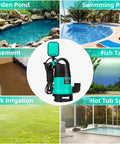 1HP Submersible Sump Pump With 3700GPH Flow, Auto Float Switch, shown with garden pond, pool, basement, fish tank, irrigation, spa use