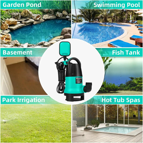 1HP Submersible Sump Pump With 3700GPH Flow, Auto Float Switch, shown with garden pond, pool, basement, fish tank, irrigation, spa use