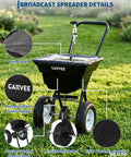 80 Lb Capacity Push Broadcast Spreader With 12 Ft Spread Width And 13 In All Terrain Wheels Adjustable Flow Control Heavy Duty Walk Behind Lawn Spreader For Fertilizer Grass Seed Ice Melt And Salt, featuring rust-resistant plastic hopper, powder-coated steel frame, and rain cover, on grass.