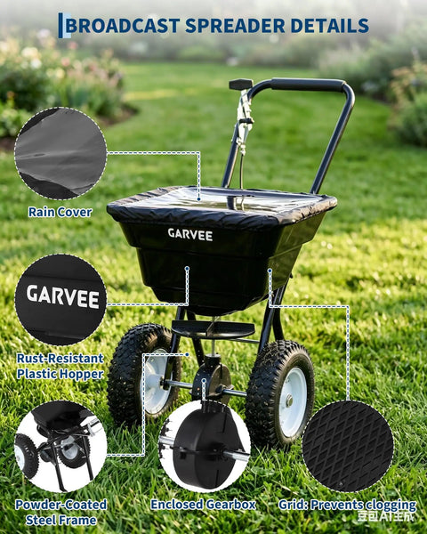 80 Lb Capacity Push Broadcast Spreader With 12 Ft Spread Width And 13 In All Terrain Wheels Adjustable Flow Control Heavy Duty Walk Behind Lawn Spreader For Fertilizer Grass Seed Ice Melt And Salt, featuring rust-resistant plastic hopper, powder-coated steel frame, and rain cover, on grass.
