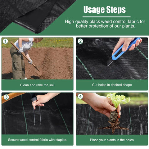 Heavy Duty Garden Weed Barrier Landscape Fabric Ground Cover 4 Pack 100 Ft Rolls With 30 U Shaped Securing Pegs Premium Polypropylene Weed Control Mat For Garden Beds And Pathways usage steps