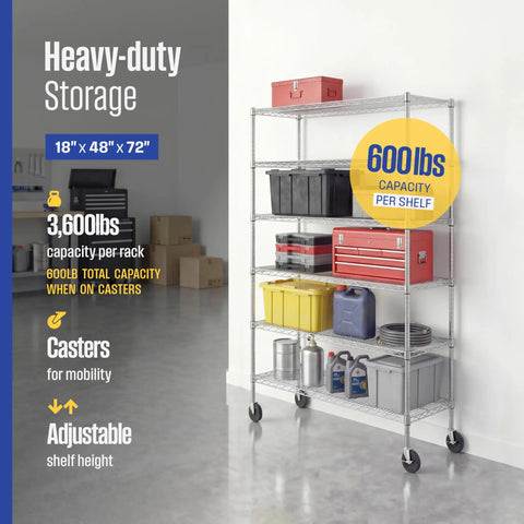 Shop Ready NSF Certified Six Tier Steel Wire Shelving Rack With Solid Locking Casters, Perfect For Garage Refresh And Heavy Duty Commercial Storage, Stands Over Six Feet Tall with tools and bins.