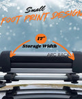Premium Heavy Duty All Season Vehicle Roof Rack System Built For Fast Hauling And Rock Solid Hold On Winter Skis Snowboards Summer Paddles Fishing Rods And Gear 17-inch width small footprint design visible on roof.
