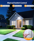 Three Pack 75W LED Security Flood Lights With 3 Swivel Heads Slick Hookup Design IP65 Weather Proof 6500K Cool White Boasts Rock 7000 Lumens For Backyards Eaves Driveways Rugged Build Top Tier, shown in use with manual switch control.