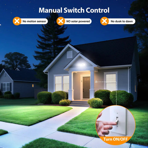 Three Pack 75W LED Security Flood Lights With 3 Swivel Heads Slick Hookup Design IP65 Weather Proof 6500K Cool White Boasts Rock 7000 Lumens For Backyards Eaves Driveways Rugged Build Top Tier, shown in use with manual switch control.