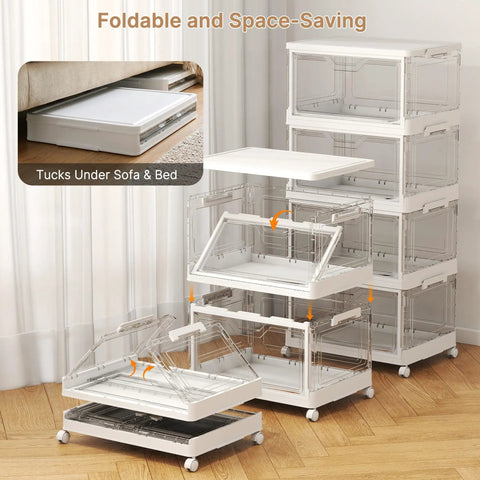 Hella Roomy 92 Quart Clear Plastic Storage Bins With Snap Lids, 4 Pack Stackable Tote Containers showcasing space-saving design.