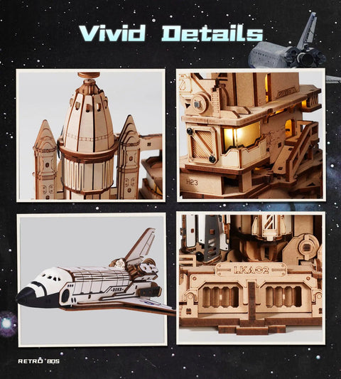 Close-up of detailed components in Space Shuttle Dynamic Launch Base With Motorized Lift And LED Light Effects 1 To 420 Scale Kit