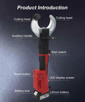 Heavy Duty No BS Electric Hydraulic Cable Cutter with cutting head, auxiliary handle, and battery features.