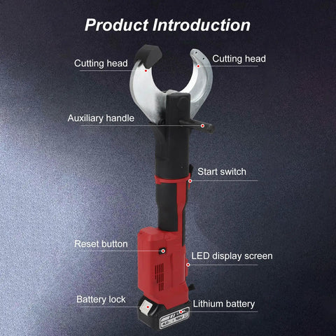 Heavy Duty No BS Electric Hydraulic Cable Cutter with cutting head, auxiliary handle, and battery features.