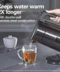 Digital Temperature Control Electric Tea Kettle 1.7L Fast Boil 1500W With 5 Presets Keep Warm BPA Free Double Wall Stainless Steel Cordless Black pouring hot water into a glass mug