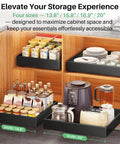 Heavy Duty Slide Out Cabinet Organizer Full Extension Roll Out Shelf With Super Smooth Glide And No Fuss Nano Tape Under Sink Pantry Storage For Kitchen And Bathroom Black displayed in a cabinet with cookware and food jars.