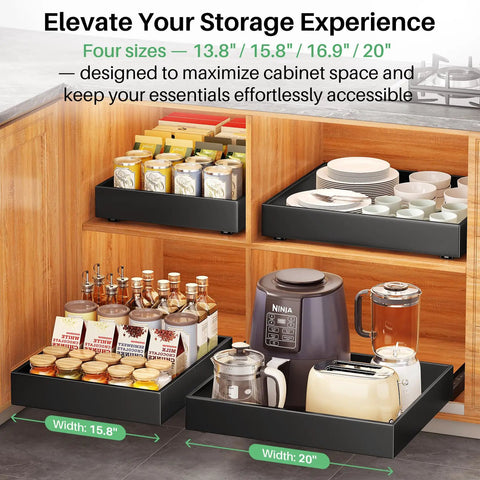 Heavy Duty Slide Out Cabinet Organizer Full Extension Roll Out Shelf With Super Smooth Glide And No Fuss Nano Tape Under Sink Pantry Storage For Kitchen And Bathroom Black displayed in a cabinet with cookware and food jars.