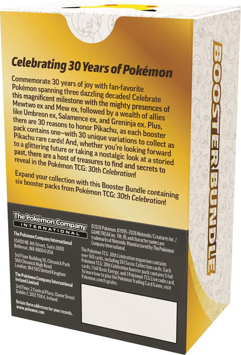 Premium Trading Card Game Booster Stack Featuring Six Dope Anniversary Packs For New Collectors And Veterans Wanting To Snag Legendary Treasures And Fire Finds With Every Single Opening Session side view of booster bundle celebrating 30 years of Pokémon.