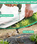 Man installing 12 Inch 8 Gauge Circle Top Landscape Fabric Staples Galvanized Steel Garden Pins for weed barrier