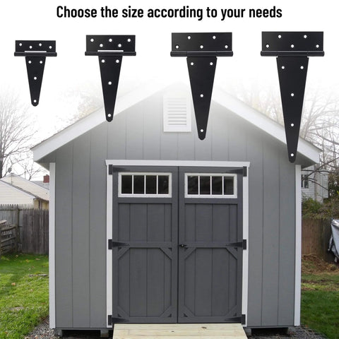 Comparison chart of 10 Inch T Strap Gate Hinges in different sizes for shed with visible installation on barn doors