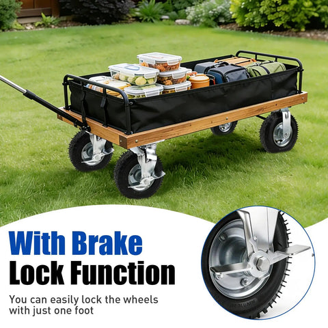 10 Inch Heavy Duty Pneumatic Caster Wheels With Secure Brake Set Of Four on a wagon loaded with containers, grass background.