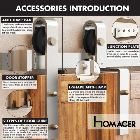 Brushed Nickel Single Track Bypass Sliding Barn Door Hardware Kit For Double Doors features anti-jump pads and door stoppers