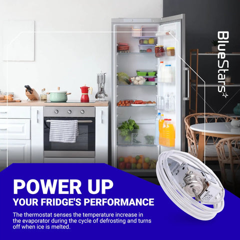 Upgraded Refrigerator Cold Control Thermostat Replacement For Fast Chill Cooling shown with open fridge in kitchen