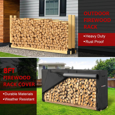 Outdoor heavy duty firewood rack and 8-foot cover bundle for wood storage, weather resistant, black silver, on lawn and patio.
