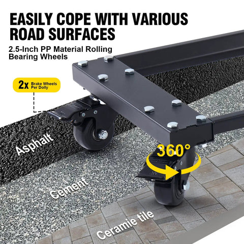 Beast Mode Heavy Duty Car Dolly Set Of 4 featuring 6000 lbs capacity dual swivel wheels on various road surfaces.