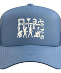 Classic Master Plumber Evolution Graphic Trucker Cap With Adjustable Mesh Back For Blue Collar Bros And Trade Workers Who Want That Legit Shop Floor Swag And Killer Fit Year Round In Light Blue, front view with graphic design.