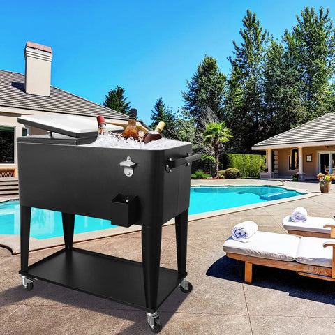Portable Rolling Cooler Cart On Wheels With Shelves For Outdoor Parties Patio Deck Backyard Bbq Bar Beverage Service 80 Quart Ice Chest With Bottle Opener And Locking Casters Black next to pool.
