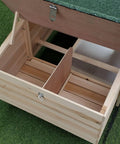 Close-up of the hinged nesting box in the No Sweat Wooden Chicken Coop With Hinged Nesting Box And Removable Egg Tray.
