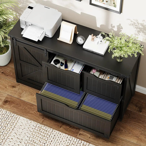 Rustic Farmhouse File Cabinet With Sliding Barn Door For Home Office Storage, black finish with open drawers and filing folders.