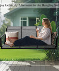 Woman relaxing on Textilene Three Seat Hanging Swing for Backyard Chill Sessions with 5.2 ft patio bench in garden