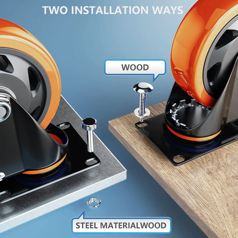 Tough As Nails 3 Inch Caster Wheels Set Of 4 Heavy Duty Locking Brakes shown installed on wood and steel surfaces.