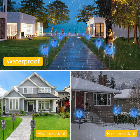 Blue Solar Torch Lights With Flickering Flames, 12 Pack Outdoor LED Tiki Torches For Yard And Garden in various weather conditions