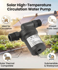 12V 10W DC Brushless Circulation Pump Solar Water Heater Hero High Temp Beast Zero Drip Guarantee Works On Dry Or Wet Rotors close-up on high-temp circulation pump with labels and solar panels in background