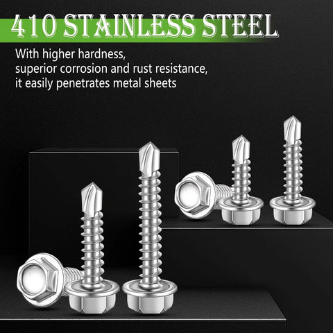 Pro Grade Hex Washer Head Self Drilling Screws And Tapping Fasteners From Tough 410 Stainless Steel showing various sizes and types.
