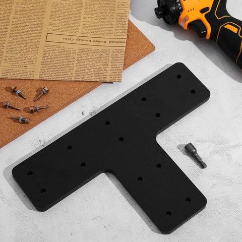 Rock Solid Heavy Duty T Shape Post Brackets With 56 Screws And Socket Nuts For Wood Fence Repair And Pergola Beam Connection Flat Mending Plates Steel Framing Assembly, black bracket with screws
